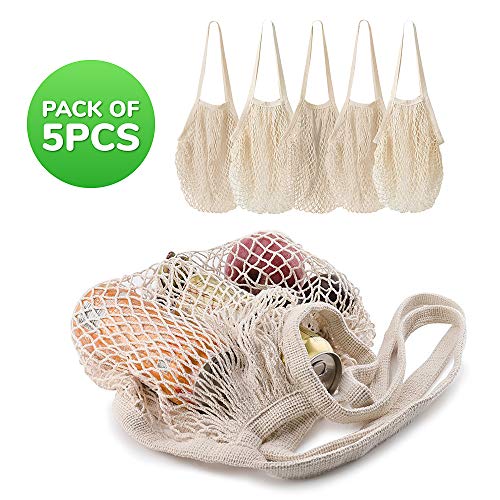 5 pack Cotton String Shopping Bags Reusable Washable Grocery Mesh Bags Organizer for Grocery Shopping Produce Net Bags with Longhandle for Fruit Vegetable Storage