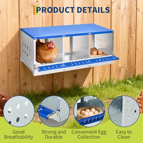 37.8" Metal Chicken Nesting Box, 3-Compartment Poultry Nest Box with Perch and Ventilation Holes, Blue Roof Hen Laying Box for Up to 3 Chickens - color: Blue A, size: 37.8"L x 15.8"W x 18.9"H