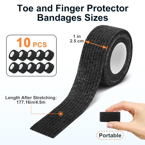 10 Rolls Self-Adhesive Bandages Wraps, Toe Caps & Toe Covers Bandages Set for Sports, Wrist, Ankle, Toes Fingers Protector (Black) - color: Black
