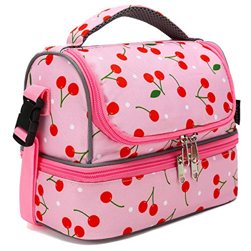 FlowFly Kids Double Decker Cooler Insulated Lunch Bag Large Tote for Boys, Girls, Men, Women, With Adjustable Strap, Cherry - color: Cherry