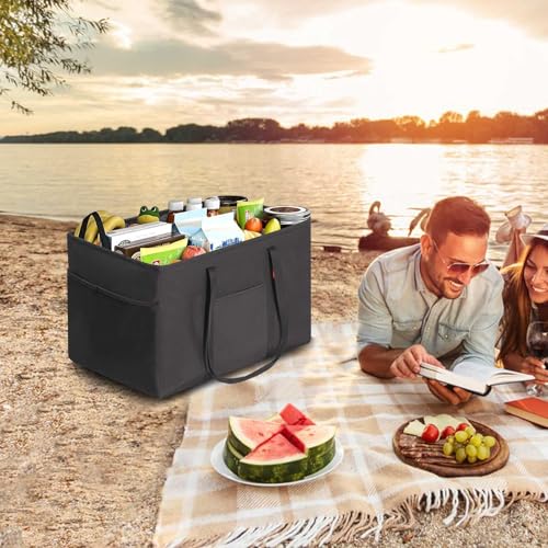 LHZK Standing Utility Tote Bag with Metal Wire Frame and the Sides Rinforced, Large Tote Bag with Handle, Reusable Grocery Bags Foldable, Beach Bag, Car Tote (Black, 18.5''x11.8''x11.5'') - color: Black, size: 18.5''x11.8''x11.5''-1 Pack