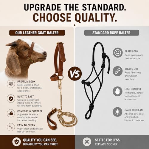 Adjustable Genuine Leather Goat Halter with Chain Lead, Premium Show Goat Halter for Training, Elegant Livestock Handling Supplies, Durable Goat Head Collar for Goats (33–110 lb)