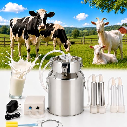 Electric Milking Machine for Goats and Cows, 14L Portable Cow Milker Machine Pulsating Design with Adjustable Stainless Steel Milk Can and Silicone Tubing, Suitable for Small Farms and Home Use