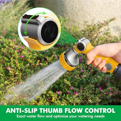 RESTMO Heavy Duty Hose Nozzle, Metal Garden Water Hose Sprayer | 7 Watering Patterns, Thumb Control, On Off Valve, Leak Proof Nozzle Sprayer for Watering Plants, Car & Pet Washing, Yellow - color: Yellow