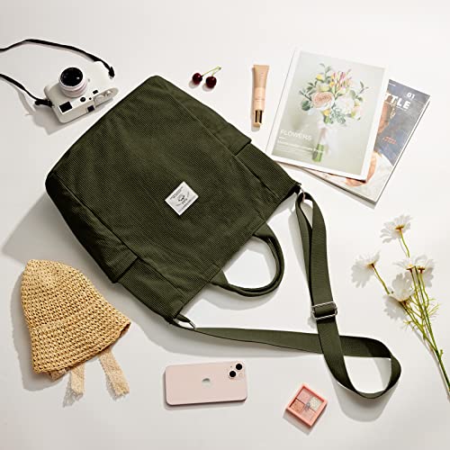 KALIDI Corduroy Tote Bag, Large Slouchy Hobo Messenger Crossbody Bag | Anti Splash Zipper Side Pockets Shoulder Bag Adjustable Strap Lightweight Casual Work Shopping Women - color: Army Green