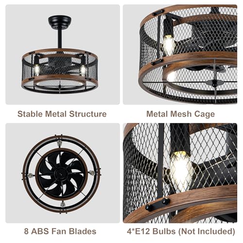 19" Modern Fandelier Ceiling Fan with Lights Remote Black Caged | Chandelier Ceiling Fan Industrial Fandelier for Bedroom Living Room, Reversible DC Motor 6 Speeds, 4 E12 Bulbs (Not Included) - color: Mesh Cage
