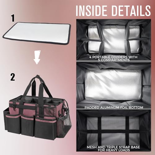SCAVATA Wearable Cleaning Caddy, Cleaning Caddy Supplies Organizer with Handle & Shoulder Straps for Housekeepers, Under Sink & Car Cleaning Tool Organizers Bag with 4 Foldable Divider (LotusPink) - color: LotusPink