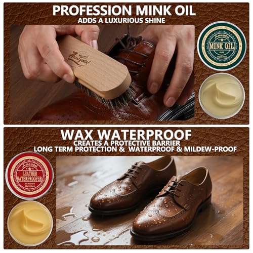 11 PCS Leather Care Kit - Horsehair Brushes,Saddle Soap,Waterproofing Wax,Mink Oil Conditioner,Polishing Cloth,Microfiber cloth,Boot Shoe Shine Cleaning Kit Gift for Men Cowboy Husband Dad ﻿