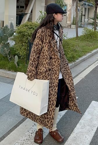 Womens Leopard Long Wool Trench Coat Notched Lapel Double Breasted Pea Coat Winter Warm Overcoat - color: Leopard, size: Large