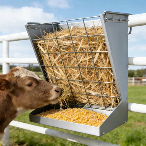 2 in 1 Wall Mount Hay and Grain Feeder, 25 Gallons Livestock Feeder | Galvanized Steel Wall Hay Rack, Hanging Hay Feeder with Mounting Kit for Goats Sheep Horse, Slow Feeder for Goats with Trough