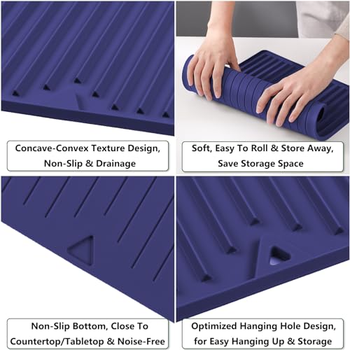 Mini Silicone Dish Drying Mat, Flexible & Thick, 6" x 12", Blue | For Kitchen Counter and Bathroom, Heat Resistant, Countertop Protector, Non-Slip, For Coffee Cup/Bottle/Glassware - size: 6" x 12"