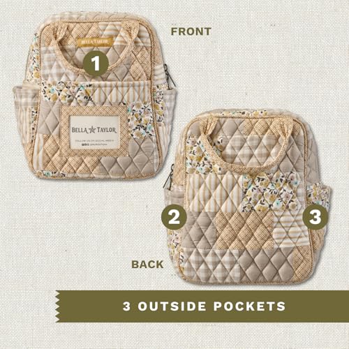 Bella Taylor Lunch Tote, Quilted Lunch Bag, Prairie Meadow Patch | Lightweight quilted cotton lunch box, easy-to-clean PEVA lining, 3 outside/1 inside pocket, durable construction - color: Prairie Meadow Patch