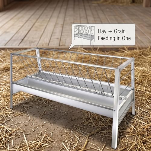 Hay Feeder, Goat Sheep Cattle Feeder, Livestock Hay Rack, Heavy Duty Livestock Feeder with Anti-Waste Grid, Dual-Compartment Metal Farm Feeding Trough for Outdoor Use