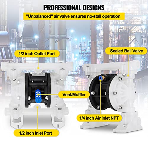 VEVOR Air-Operated Double Diaphragm Pump, 1/2 in Inlet & Outlet, Polypropylene Body, 8.8 GPM & Max 120PSI, PTFE Diaphragm Pneumatic Transfer Pump for Petroleum, Diesel, Oil & Low Viscosity Fluids - size: 8.8 GPM