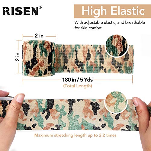 RISEN Cohesive Bandage 2” x 5 Yards, 6 Rolls, Self Adherent Wrap Medical Tape, Adhesive Flexible Breathable First Aid Gauze Ideal for Stretch Athletic - color: Desert Camo
