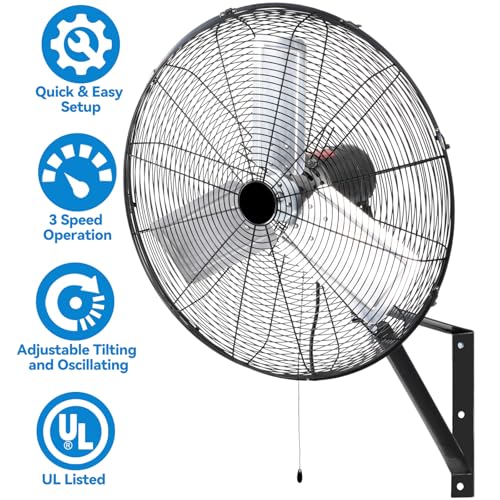 BILT HARD 24in. 6500 CFM High Velocity Wall Mounted Fan, 3-Speed Heavy Duty Shop Fan, Industrial Oscillating Fan for Commercial, Garage, Factory, Warehouse and Jobsite Use - size: 24 inch