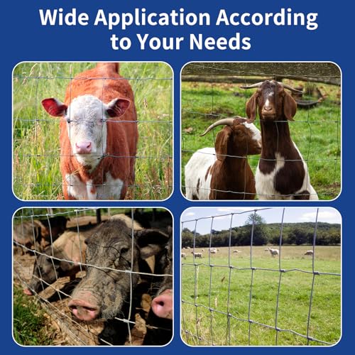 Livestock Fence, 4ft X 164ft Galvanized Wire Field Wire Fencing, Cattle Fence, Deer Fence, Heavy Zinc Coating Farm Fence Used to Hog Goat Fencing for Yard and Field Hog Horse - style: Metallic 4FT x 164FT