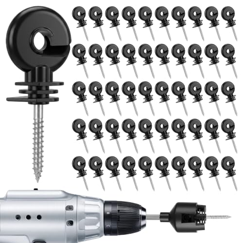 60PCS Electric Fence Insulator Screw with 1 Pcs Insulator Socket Tool, Insulators Fence Ring Post Wood Post Insulators, Screw in Ring Posts Wood Posts Electric FenceRing (Black)