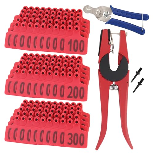 Cattle Ear Tags 001-300, 300Pcs Plastic Livestock Ear Tag for Cows Goats Sheep Pigs with Pliers Applicator & 2 Pins, Animal ID Tags for Ranch Farm Herd Tracking, Laser Print (001-300, Red) - color: Red