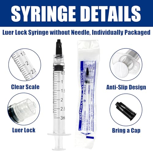 60 Pack 3ml Luer Lock Syringe without Needle - 3cc Plastic Syringes for Liquid, Individually Sterile Sealed with Cap, for Colostrum Collection, Oral, Pet Feeding, Glue, Oils - size: 3ML