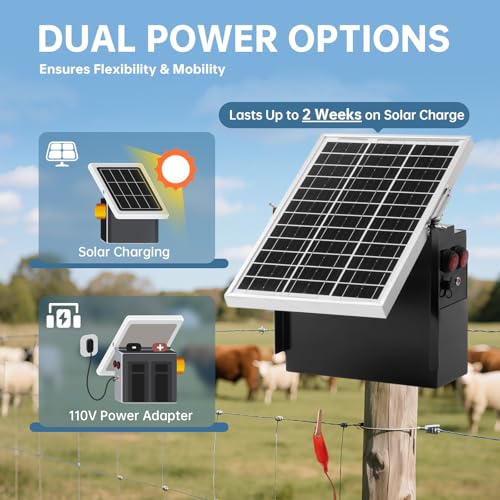 Solar Fence Charger with Warning Light, Briidea 1.2 Joule 10 Miles Solar Electric Fence Energizer, Dual Power Supply (Solar & AC Adapter), IP64 Waterproof for Livestock, Gardens, Pastures & Wildlife