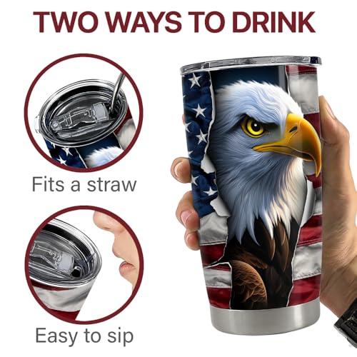 SANDJEST Eagle Tumbler 20oz Stainless Steel Insulated Coffee Travel Mug Cup American Flag Eagle Gifts for Men, Veterans on Birthday Christmas - color: Eagle
