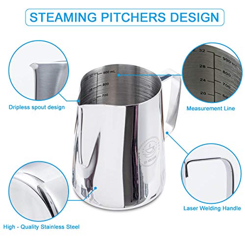 32oz Milk Frothing Pitcher for Coffee Shops, Large Stainless Steel Cup | 900ml large capacity pitcher for cafes and commercial use, ideal for espresso machines, milk steaming and latte art - color: Stainless Steel 32 oz
