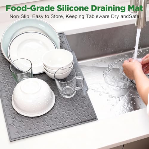 Silicone Dish Drying Mat,14"x10" Dish Drying Pad for Kitchen Counter or Sink,Non-Slip Drain Pad with Built-in Drain,Easy to Clean and Storage,Reusable