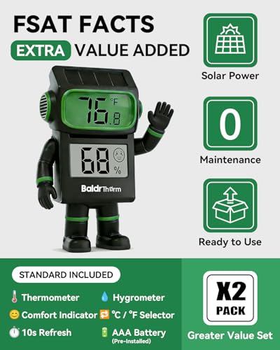 BALDR 2-Pack Digital Hygrometer Thermometer, Solar Humidity Monitor(Black) | No Setup Needed,Solar Power with Battery Backup,10s Data Refresh,Comfort Indicator Meter for Home Bedroom Greenhouse Office - color: Black 2 Pack