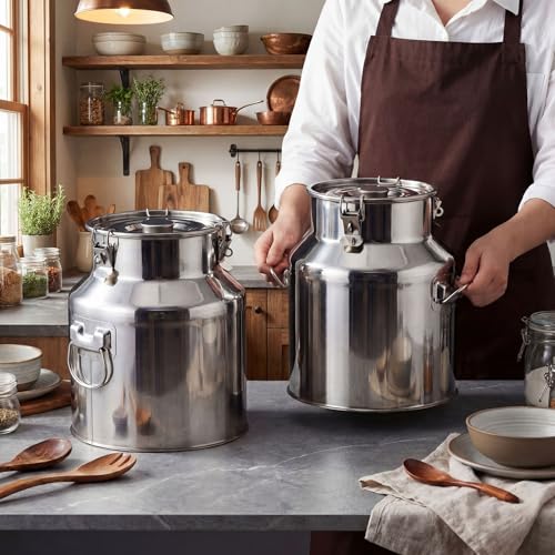 FillTouch 2 Pcs Stainless Steel Milk Can 22L with Sealed Lid for Storage | Heavy Duty Metal Locking Sealed Lid, Multi-Purpose for Water Wine Oil Milk Storage, Ideal for Farm Kitchen Home Daily Use - size: 22l
