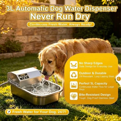 Automatic Self-Filling Dog Water Bowl,3L/101oz | Stainless Steel Outdoor Large Capacity Pet Water Dispenser with Float Valve,Fits 3/4" Garden Hose for Dogs,Cats&Livestock