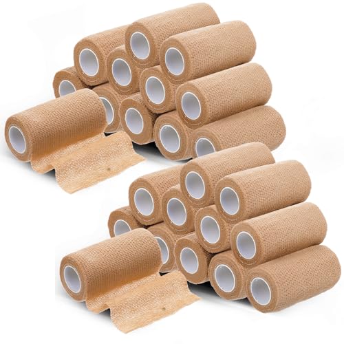 24 Rolls Self Adhesive Bandage Wrap, Vet Wrap 4 Inch x 5 Yards for Horses Dogs Wounds Care, Beige Self Sticking Elastic Bandage Tape for Wrist, Ankle, Sports