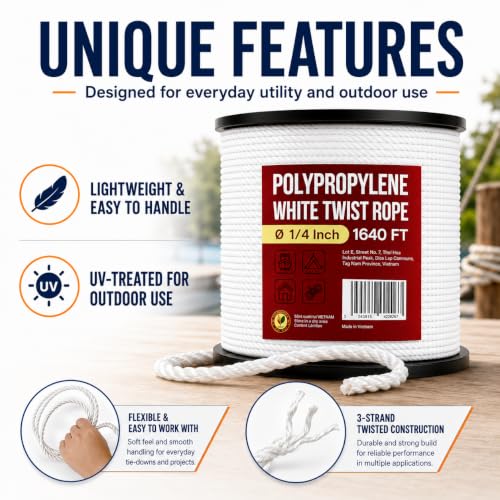 Heavy Duty PP/Polyester/Nylon Rope on Spool, White, 1/4inX1640FT | Weather-Resistant & Waterproof, For Pool, Marine, Camping, Household Use, Construction & Rigging Applications - color: White, size: 1/4in X 1640FT