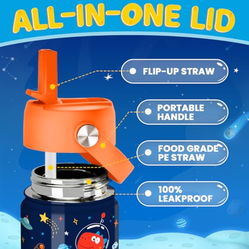 Kids Water Bottle with Straw Lid - 12 Oz Insulated Stainless Steel Dinosaur Water Bottles for Kid Boys - Travel Cup for School Sports - color: Cosmos Dinosaur