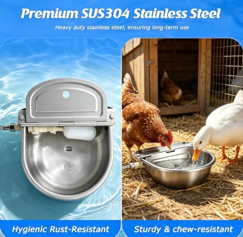 Automatic Chicken Waterer Stainless Steel with Drainage Hole | with Float Valve, Extended Pipe, Replacement Valve, Outdoor Auto Self Filling Water Bowl for Chicken,Duck,Geese, Poultry