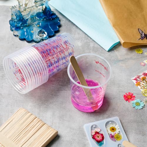 Lilymicky 16 oz Plastic Mixing Cups, 50 Pack 16 oz (500ml) Disposable Measuring Cups with 50 Wooden Mixing Sticks, Can Be Used for Epoxy Resin, Liquid Measuring, Paint, Cooking and Baking