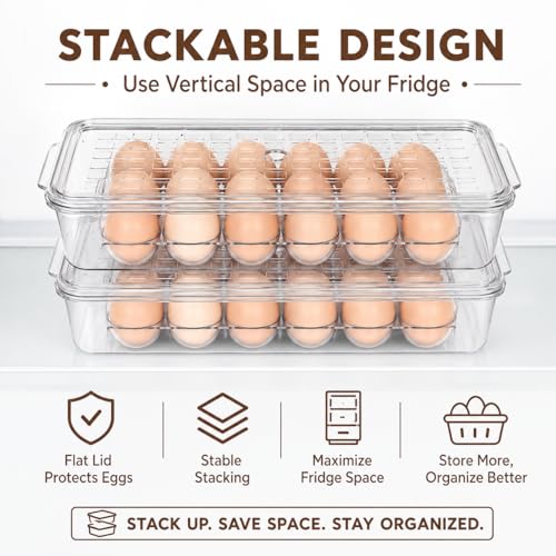 2 Pack 18 Egg Holder for Fridge - Plastic Stackable Egg Tray Holder With Lid - Egg Storage Container Organizer Bins with Air Hole and Handles for Refrigerator, Freezer, Pantry Organization - Clear