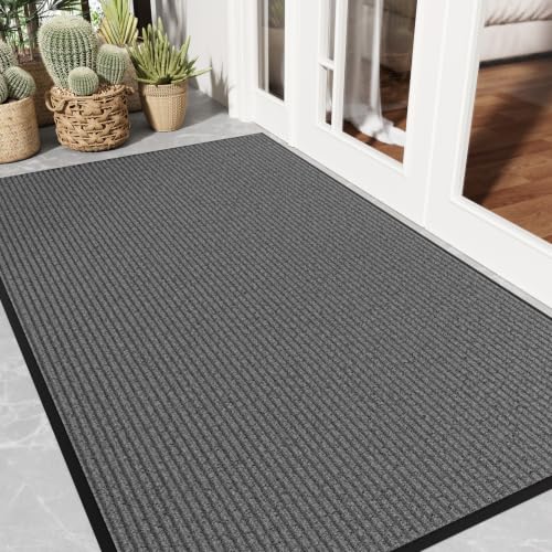 Front Door Mat, Non-Slip Heavy Duty Indoor Outdoor Doormat, 3'x5' | Light Grey Striped, Absorb Moisture & Dirt, Low Profile, Non-Slip Backing, All Weather, Indoor Outdoor Floor Mat for Entryway - color: Light Grey Striped, size: 3' x 5'