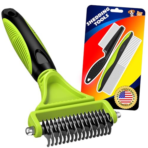 3PCS Pet Grooming Rake & Metal Comb & Flea Comb for Cats and Dogs, Double-Sided Dematting Tool, Extra-Wide Deshedding Dog Brush for Long Hair to Effectively Remove Tangles, Knots and Mats (Green) - color: C-Green