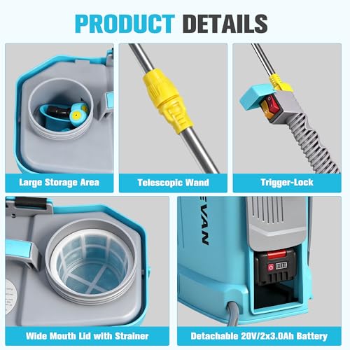 ONEVAN Battery Powered Backpack Sprayer 5.3 Gallon with 2X3.0A Batteries | 0-100 PSI Adjustable Pressure, Up to 41" Extends Telescopic, Sprayer up to 20 Tank, 5 Nozzles, Build-In Mixing System