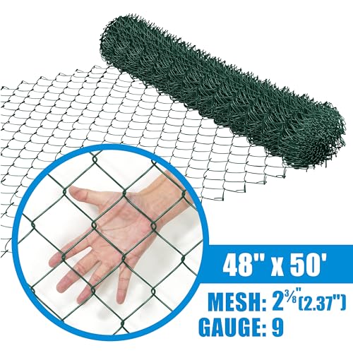 Fencer Wire 9 Gauge Green Vinyl Coated Galvanized Steel Chain Link Fence Fabric, Diamond Mesh Size 2-3/8 Inch, Galvanized Fencing Wire Roll for Garden and Animals Enclosure (4ft. x 50ft.)