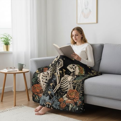 Gothic Floral Skeleton Blanket Gifts for Men Women Kids Moon Starry Night Lovers Throw Blanket Gifts 50"x60" - color: Black