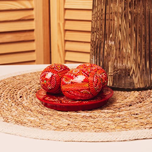 LOVARE Red Vintage 2.0'' Hand Painted Wooden Ukrainian Easter Egg Ornaments (Pysanky) - Set of 3 Mini Chicken Eggs on Plates by QG Group