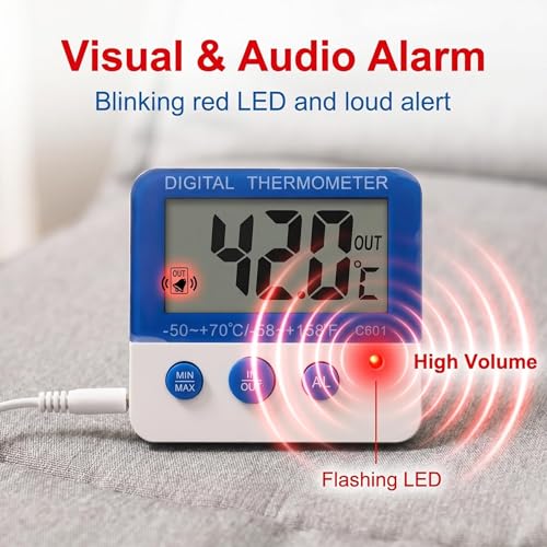 Fridge Freezer Digital Thermometer with Probe, Accurate Temperature Gauge with Built-in Default Frost Warning, Custom Alarm & Min Max Readings for Wine Cellar Reptile Habitat Incubator Greenhouse (1)
