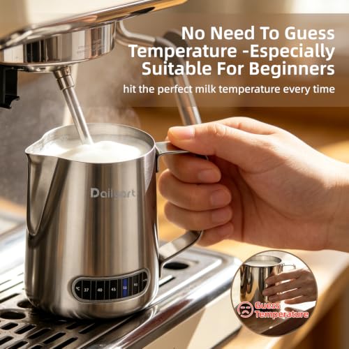 Dailyart Milk Frothing Pitcher 20oz Milk Frother Cup with Thermometer | 304 Stainless Steel 600ml Milk Pitcher with Scale Espresso Machine Accessories for Coffee, Cappuccino, Espresso,Latte Art - size: 20.3 Ounces