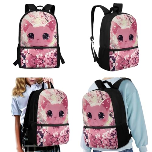 Upetstory Cherry Blossom Cat Backpack for Girls 6-8 10-12 Cute School Bookbag Elementary Kindergarten Preschool School Bag Lunch Box Pencil Case Water Bottle Sleeve Book Cover Children Daypack - color: Cherry Blossom Cat