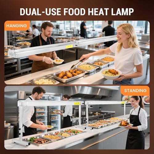 48-Inch Food Heat Lamp, 1350W Overhead Electric Strip Heater, 115V | Keep Food Warm, Stainless Steel, Adjustable Hanging or Stand, Food Warmers for Parties Buffet, Restaurant, kitchen, Silver - size: 48 Inch
