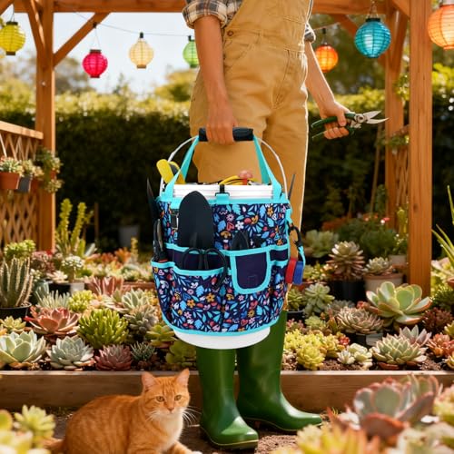 KUNN Bucket Tool Organizer 5 Gallon with Hangable Handle 18-Pocket Detachable Bucket Bag for Tools, Garden Caddy Tote with Pockets, Heavy Duty 600D Polyester Gardening Accessory,Blue - color: Navy Bloom