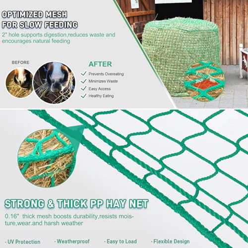 6x6 ft Round Bale Hay Net - Large Slow Feeder for Horses & Livestock, Knotless Design Slow Feeder Hay Nets, Fits 4x4ft 5x5ft 6x6ft Round & 3x3x8ft 4x4x8ft 5x5x8ft Square Bales (Green-Round) - color: Green-Round