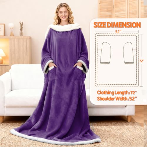Wearable Heated Blanket With Sleeves & Foot Pocket, Heated Throw Blankets Fast Heating Blanket With 10 Heat Settings Auto Shut Off Over-Heat Protection-Warm Gift, Machine Washable, 52”*72”+18” - color: Purple